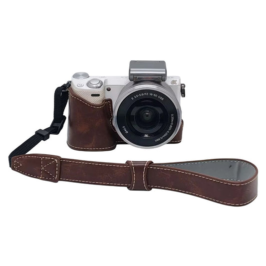 PU Leather Camera Half Case with Strap for Sony NEX-5  /  NEX-5C  /  NEX-5T  /  NEX-5R Camera Protective Cover with Battery Access Tripod Compatible Access