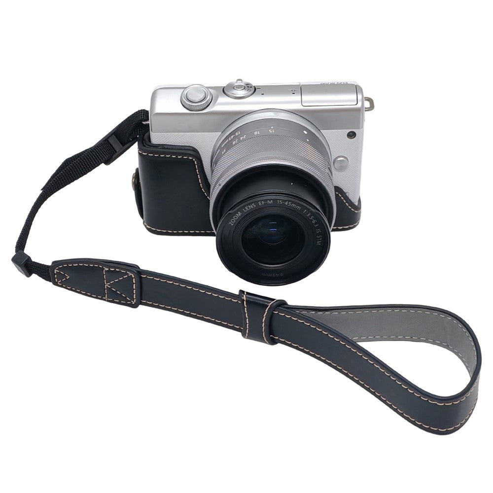 Camera Case for Canon EOS M10  /  M100  /  M200 Faux Leather Half Case with Hand Strap Removable Battery Access Base Cover