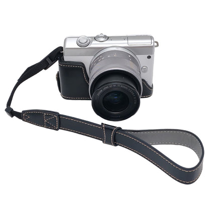 Camera Case for Canon EOS M10  /  M100  /  M200 Faux Leather Half Case with Hand Strap Removable Battery Access Base Cover