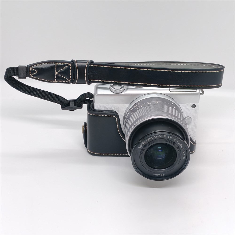 Camera Case for Canon EOS M10  /  M100  /  M200 Faux Leather Half Case with Hand Strap Removable Battery Access Base Cover