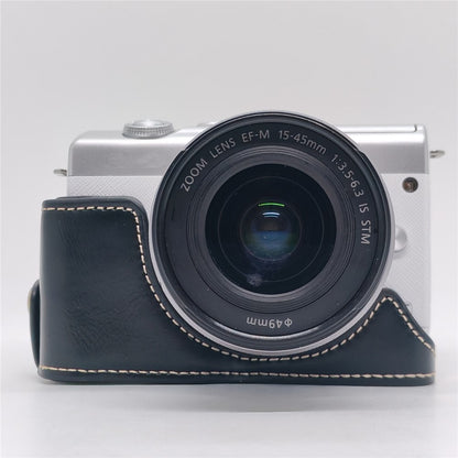 Camera Case for Canon EOS M10  /  M100  /  M200 Faux Leather Half Case with Hand Strap Removable Battery Access Base Cover