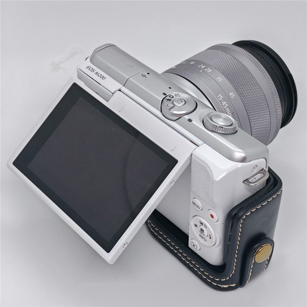 Camera Case for Canon EOS M10  /  M100  /  M200 Faux Leather Half Case with Hand Strap Removable Battery Access Base Cover