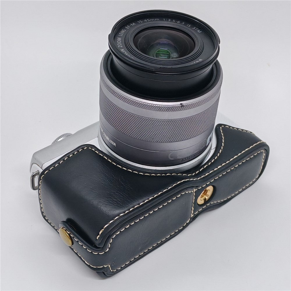 Camera Case for Canon EOS M10  /  M100  /  M200 Faux Leather Half Case with Hand Strap Removable Battery Access Base Cover