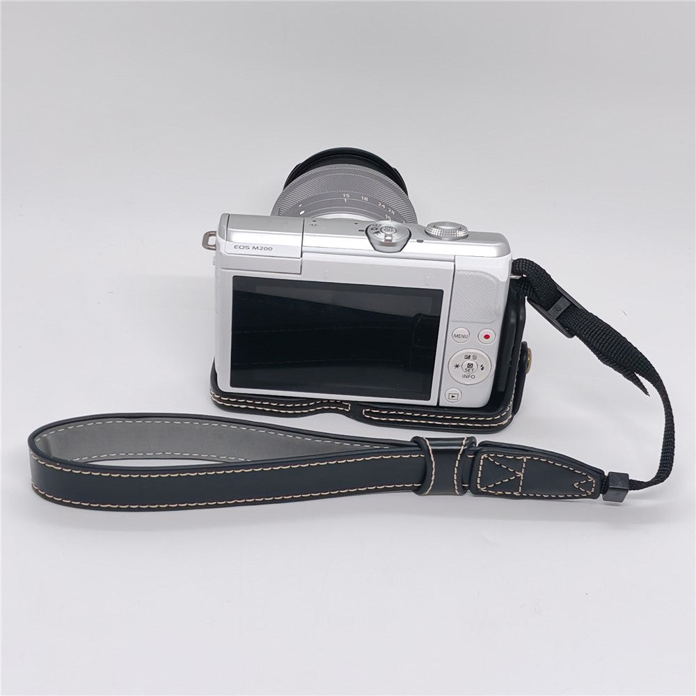 Camera Case for Canon EOS M10  /  M100  /  M200 Faux Leather Half Case with Hand Strap Removable Battery Access Base Cover