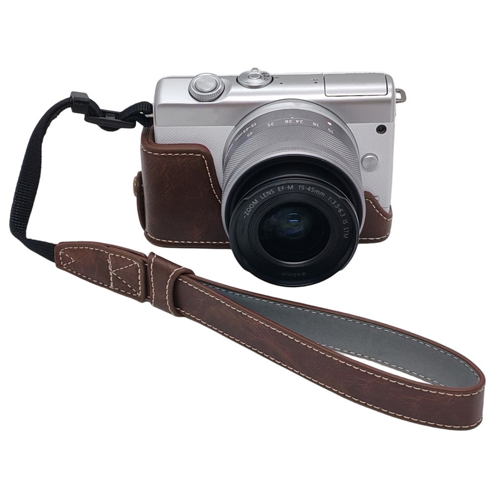 Camera Case for Canon EOS M10  /  M100  /  M200 Faux Leather Half Case with Hand Strap Removable Battery Access Base Cover