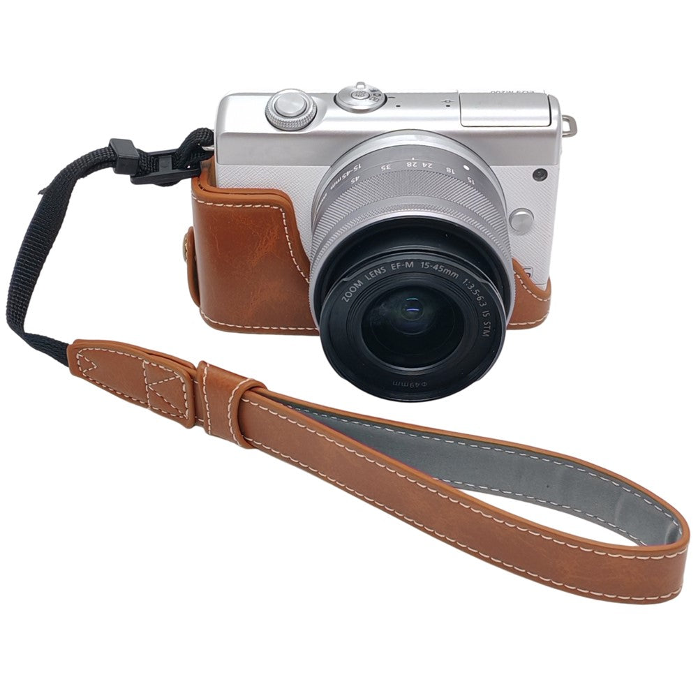 Camera Case for Canon EOS M10  /  M100  /  M200 Faux Leather Half Case with Hand Strap Removable Battery Access Base Cover