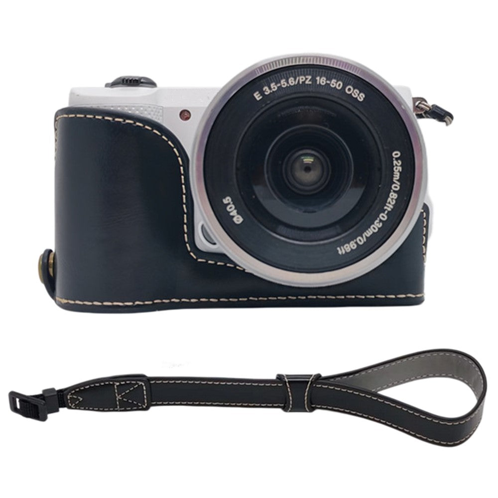 For Sony A5000  /  A5100 Camera Bottom Case PU Leather Half Cover Battery Removable Design Protective Cover with Wrist Strap