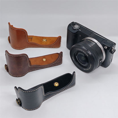 For Sony A5000  /  A5100 Camera Bottom Case PU Leather Half Cover Battery Removable Design Protective Cover with Wrist Strap