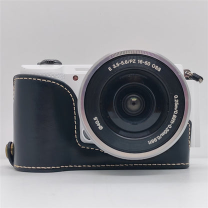 For Sony A5000  /  A5100 Camera Bottom Case PU Leather Half Cover Battery Removable Design Protective Cover with Wrist Strap