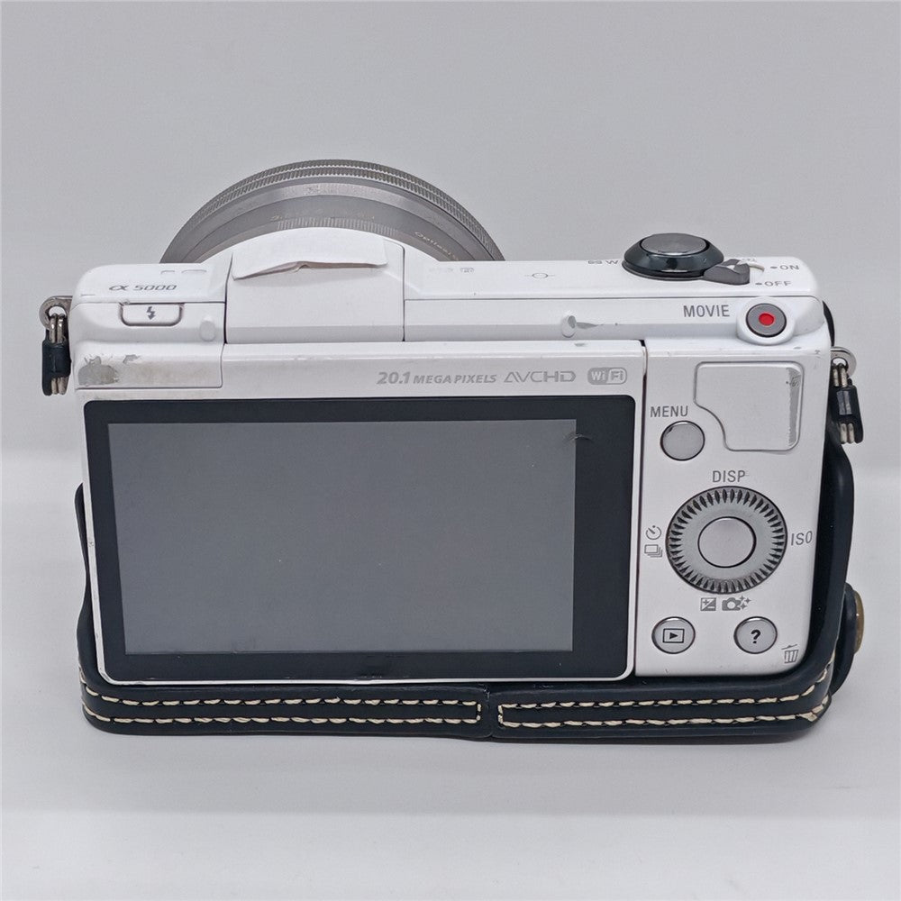 For Sony A5000  /  A5100 Camera Bottom Case PU Leather Half Cover Battery Removable Design Protective Cover with Wrist Strap