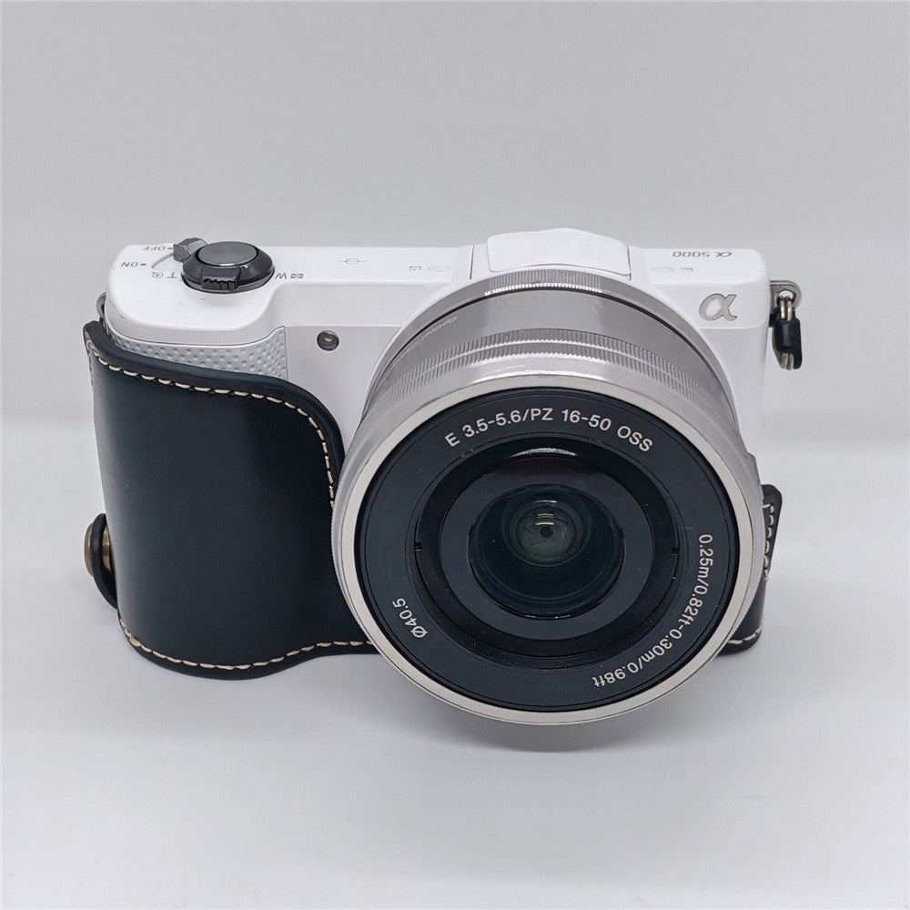 For Sony A5000  /  A5100 Camera Bottom Case PU Leather Half Cover Battery Removable Design Protective Cover with Wrist Strap