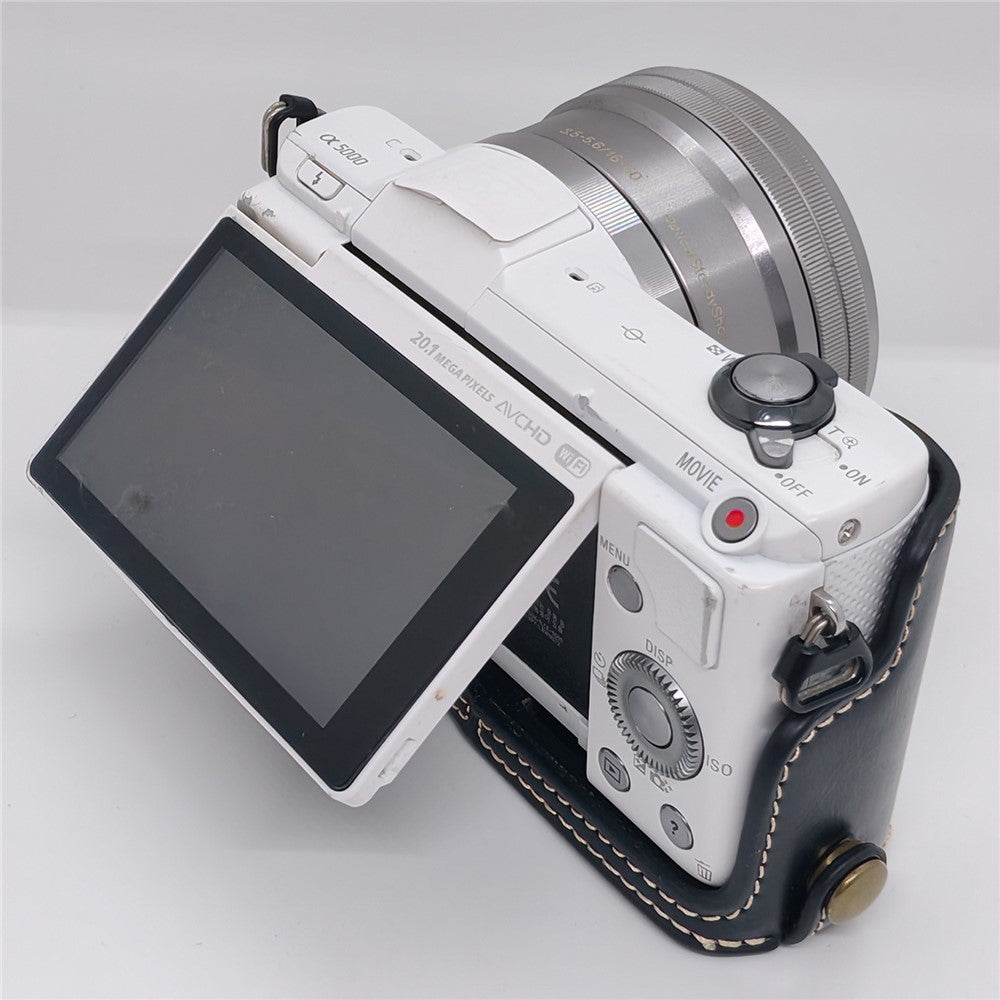 For Sony A5000  /  A5100 Camera Bottom Case PU Leather Half Cover Battery Removable Design Protective Cover with Wrist Strap
