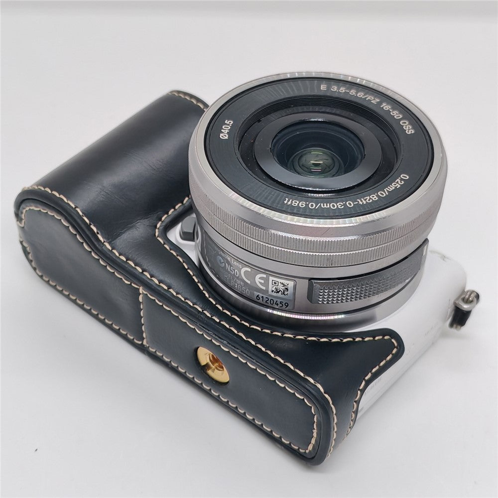 For Sony A5000  /  A5100 Camera Bottom Case PU Leather Half Cover Battery Removable Design Protective Cover with Wrist Strap
