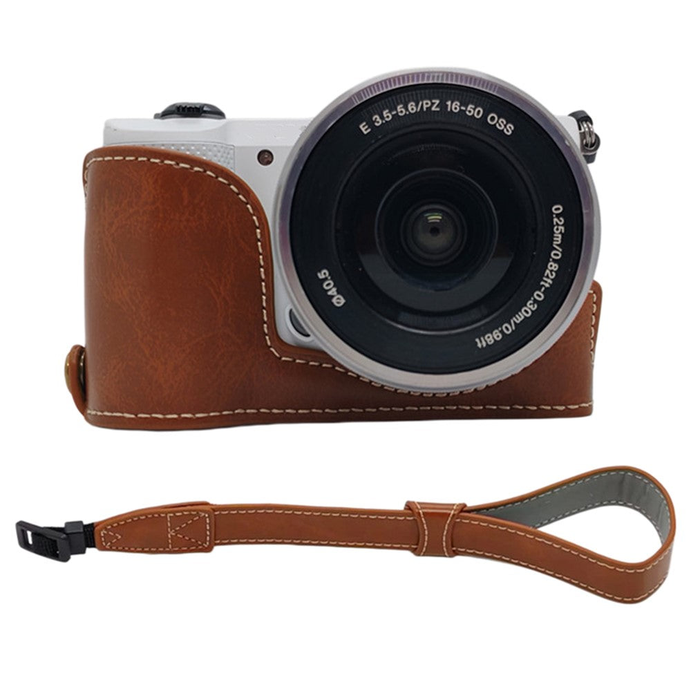 For Sony A5000  /  A5100 Camera Bottom Case PU Leather Half Cover Battery Removable Design Protective Cover with Wrist Strap