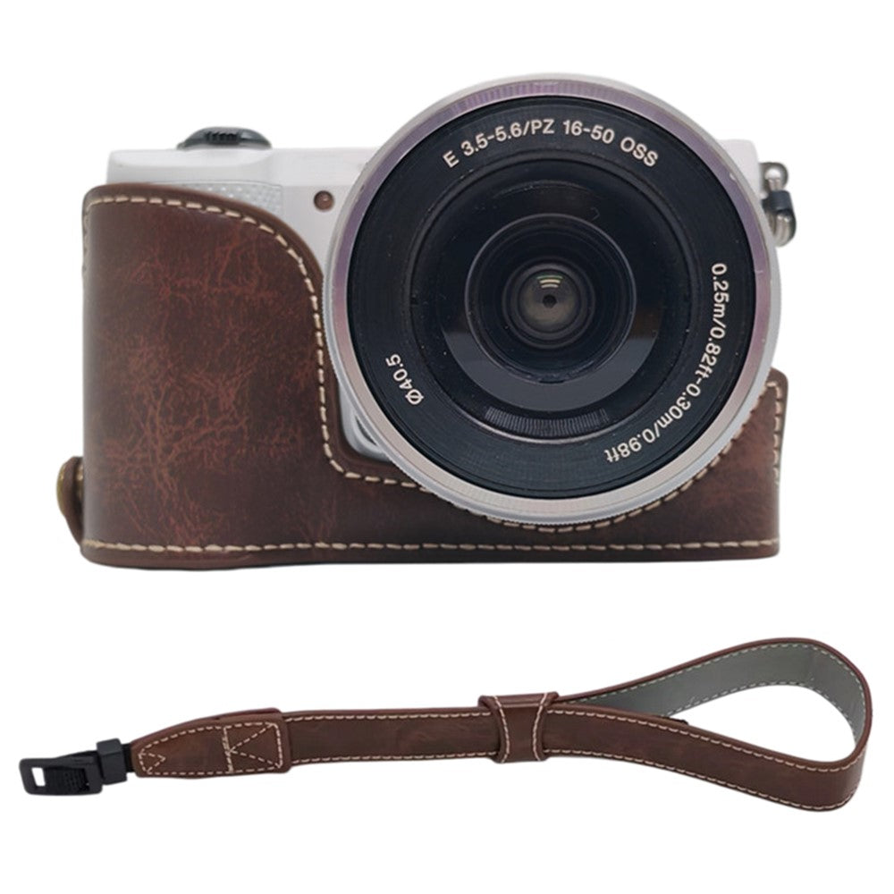 For Sony A5000  /  A5100 Camera Bottom Case PU Leather Half Cover Battery Removable Design Protective Cover with Wrist Strap