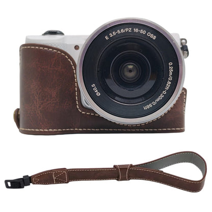 For Sony A5000  /  A5100 Camera Bottom Case PU Leather Half Cover Battery Removable Design Protective Cover with Wrist Strap