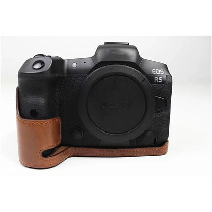 For Canon EOS R5 / R6 / R62 PU Leather Camera Bottom Case Battery Opening Design Flannel Lining Protective Half Body Cover