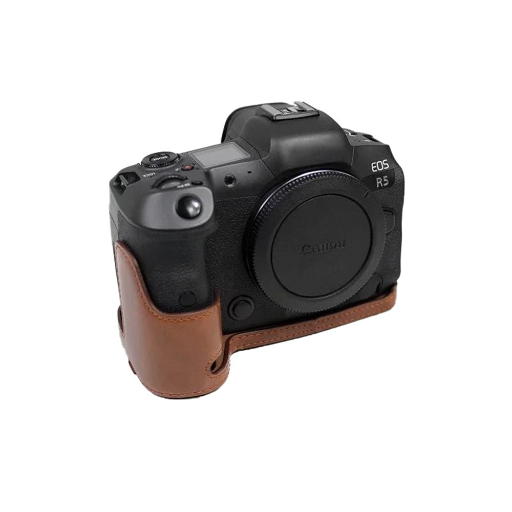 For Canon EOS R5 / R6 / R62 PU Leather Camera Bottom Case Battery Opening Design Flannel Lining Protective Half Body Cover