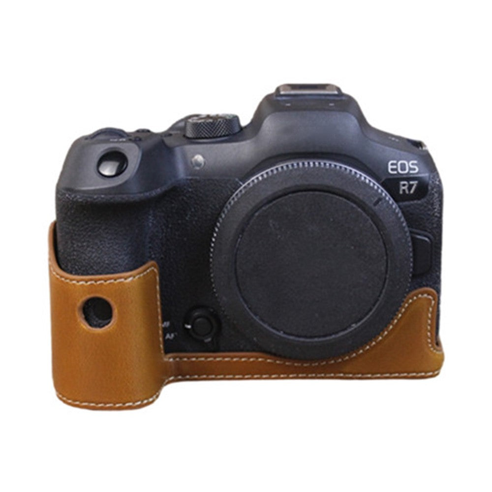 For Canon EOS R7 Digital Camera Bottom Case PU Leather Half Body Protective Cover with Battery Opening Design