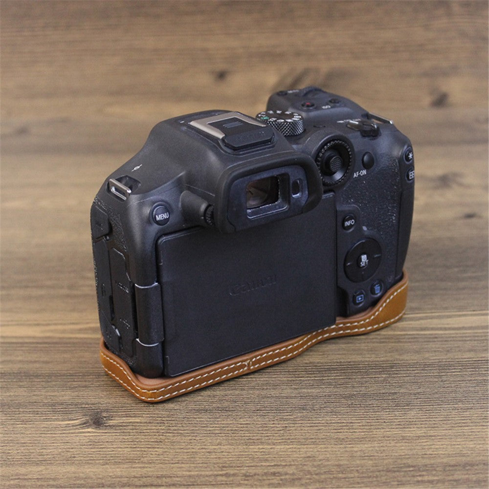 For Canon EOS R7 Digital Camera Bottom Case PU Leather Half Body Protective Cover with Battery Opening Design