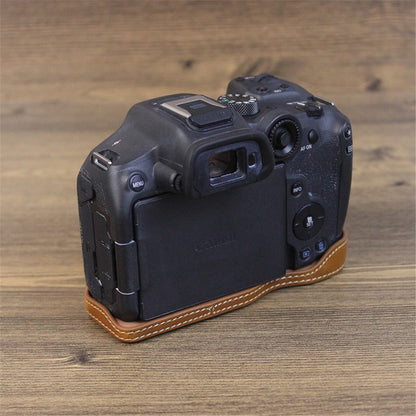 For Canon EOS R7 Digital Camera Bottom Case PU Leather Half Body Protective Cover with Battery Opening Design