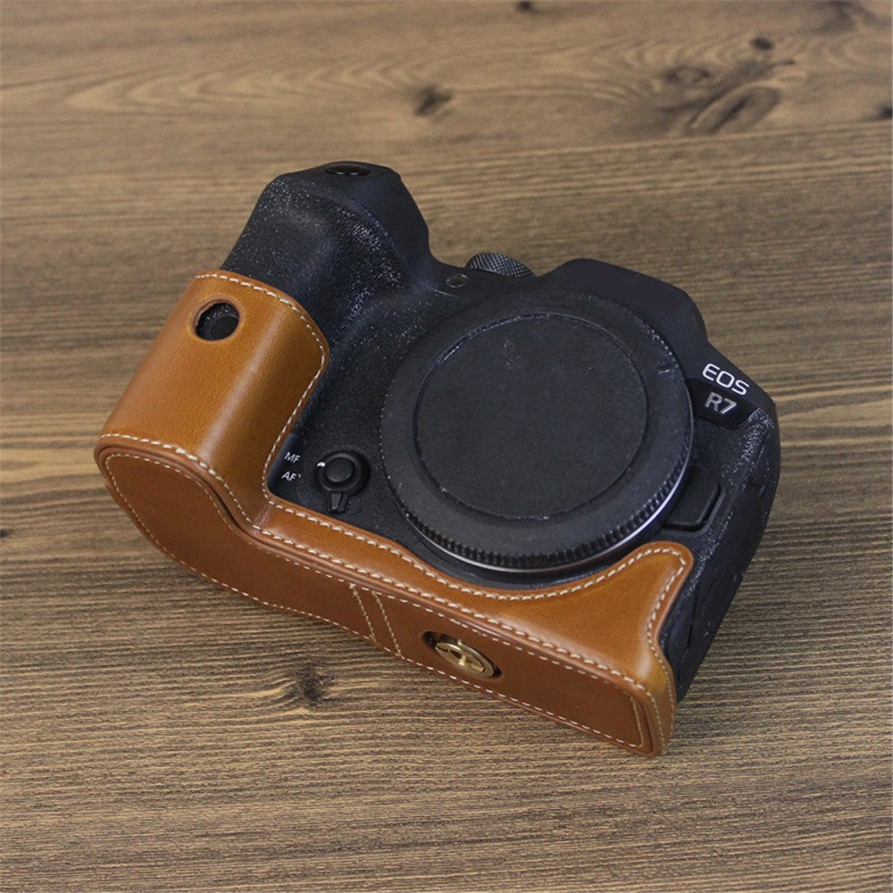 For Canon EOS R7 Digital Camera Bottom Case PU Leather Half Body Protective Cover with Battery Opening Design
