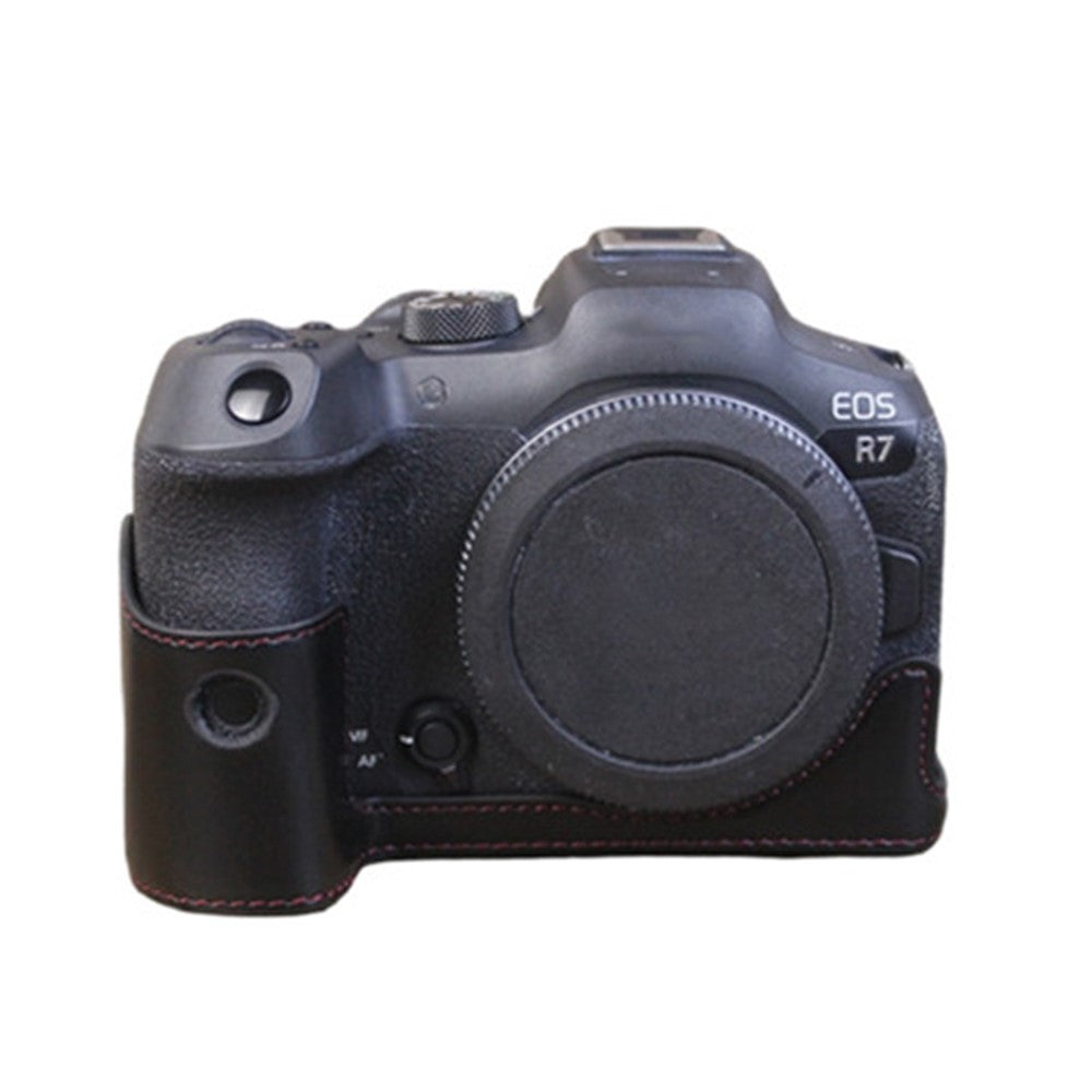 For Canon EOS R7 Digital Camera Bottom Case PU Leather Half Body Protective Cover with Battery Opening Design