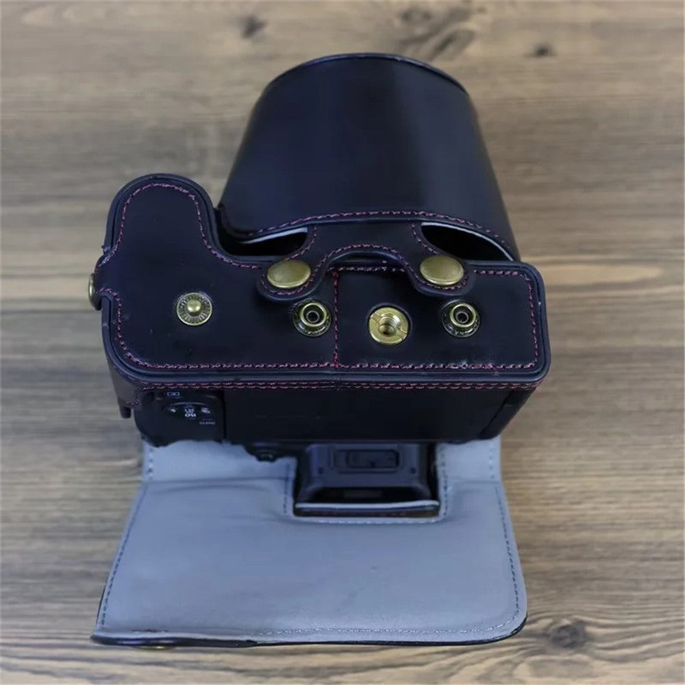 PU Leather Camera Case Bag for Canon EOS R10, Battery Opening Design Protective Cover with Lens Pouch and Strap