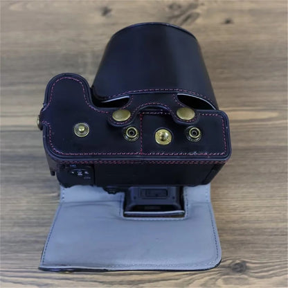 PU Leather Camera Case Bag for Canon EOS R10, Battery Opening Design Protective Cover with Lens Pouch and Strap