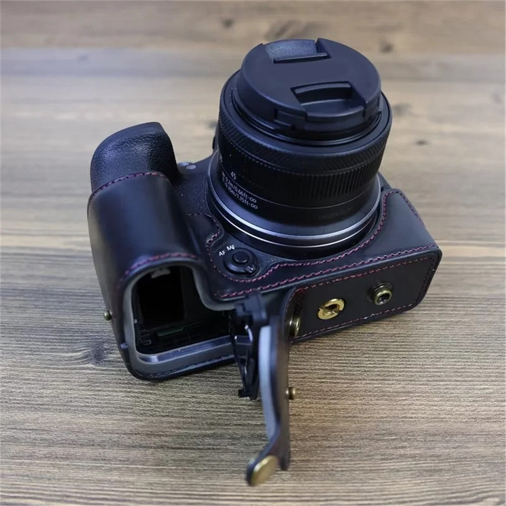 PU Leather Camera Case Bag for Canon EOS R10, Battery Opening Design Protective Cover with Lens Pouch and Strap