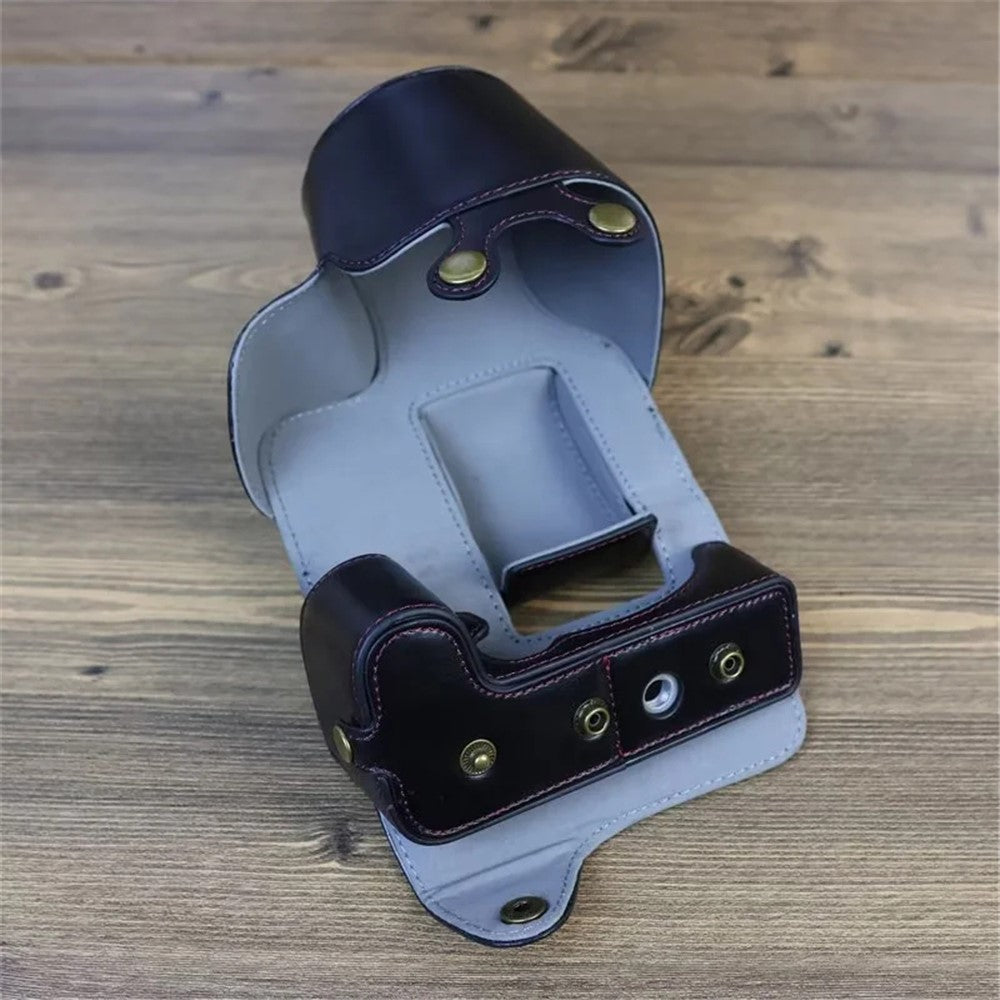 PU Leather Camera Case Bag for Canon EOS R10, Battery Opening Design Protective Cover with Lens Pouch and Strap