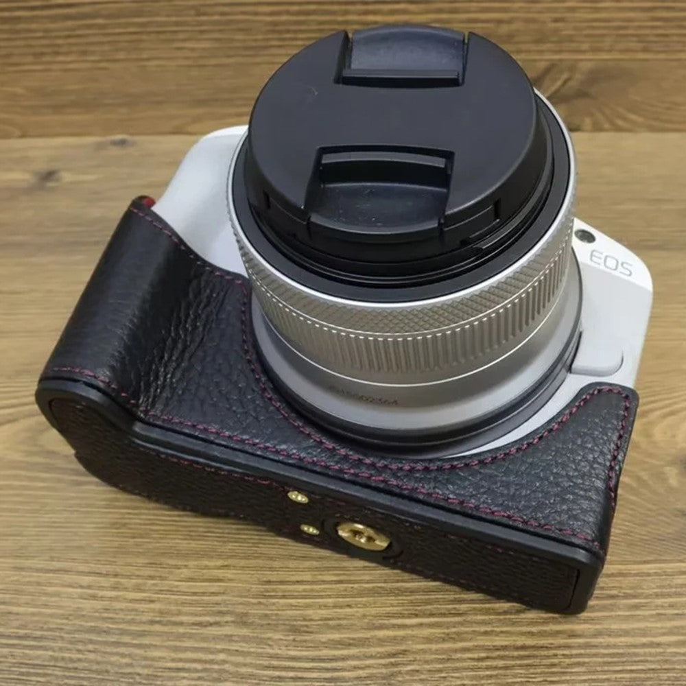 For Canon EOS R50 / R100 Genuine Cow Leather Camera Bottom Case Anti-drop Cover with Wrist Strap