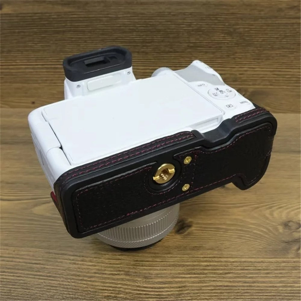 For Canon EOS R50 / R100 Genuine Cow Leather Camera Bottom Case Anti-drop Cover with Wrist Strap