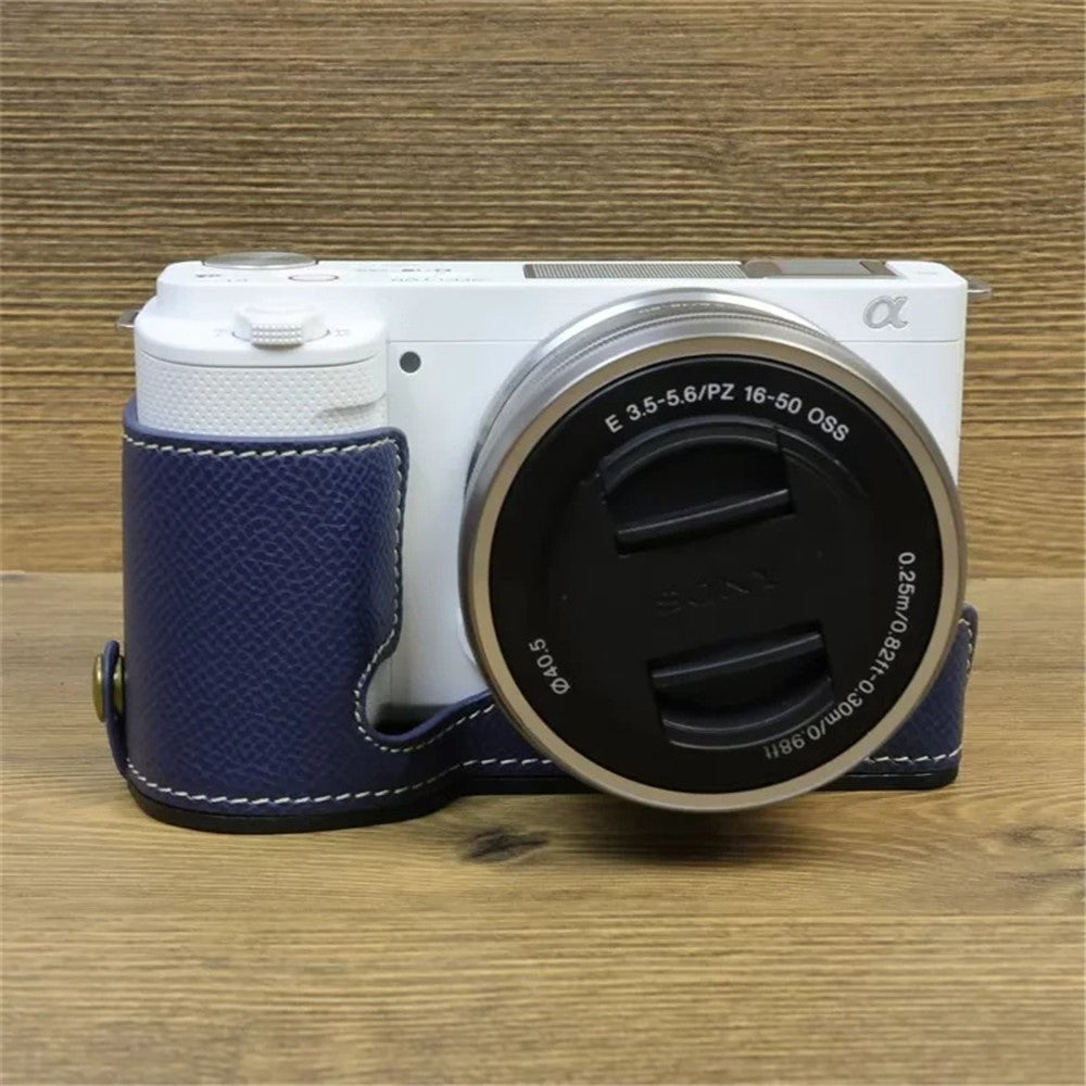 For Sony ZV-E10 PU Leather Bottom Case Battery Opening Design Camera Half Body Cover with Hand Strap