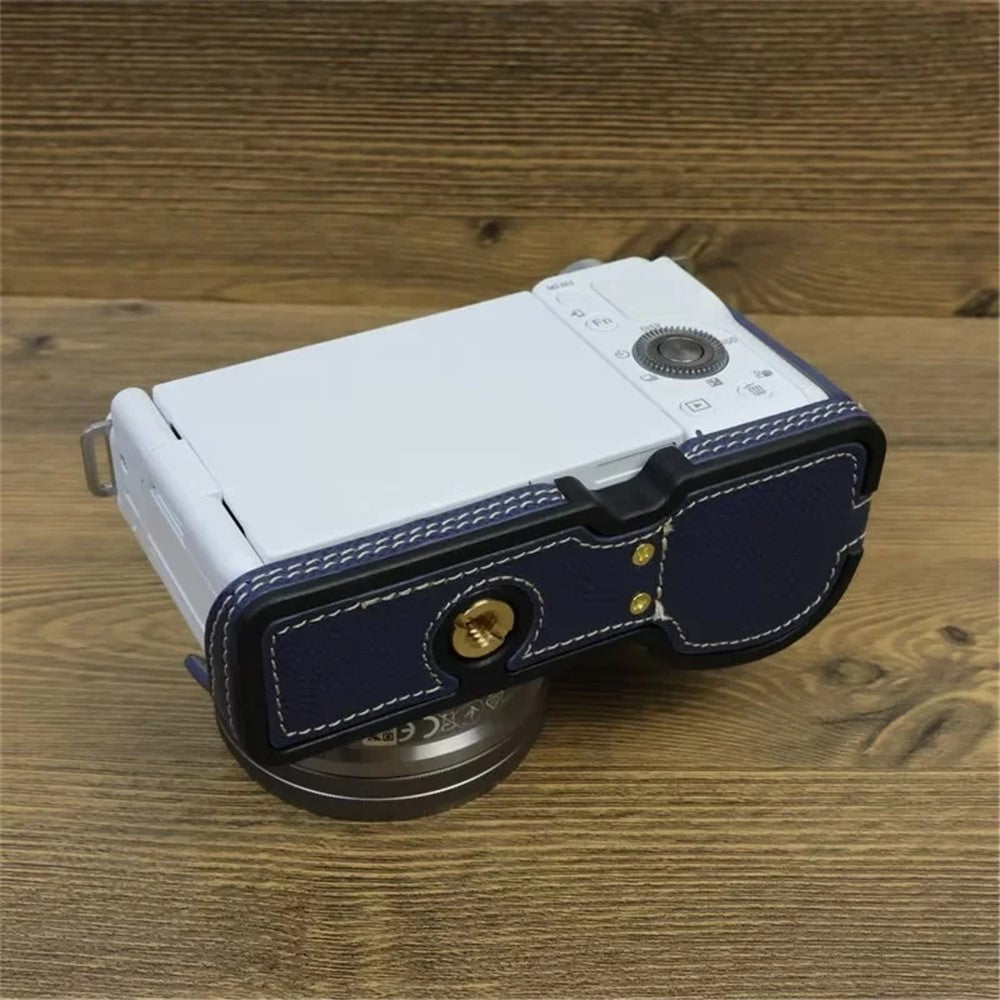 For Sony ZV-E10 PU Leather Bottom Case Battery Opening Design Camera Half Body Cover with Hand Strap