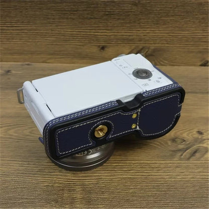 For Sony ZV-E10 PU Leather Bottom Case Battery Opening Design Camera Half Body Cover with Hand Strap