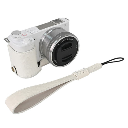For Sony ZV-E10 PU Leather Bottom Case Battery Opening Design Camera Half Body Cover with Hand Strap