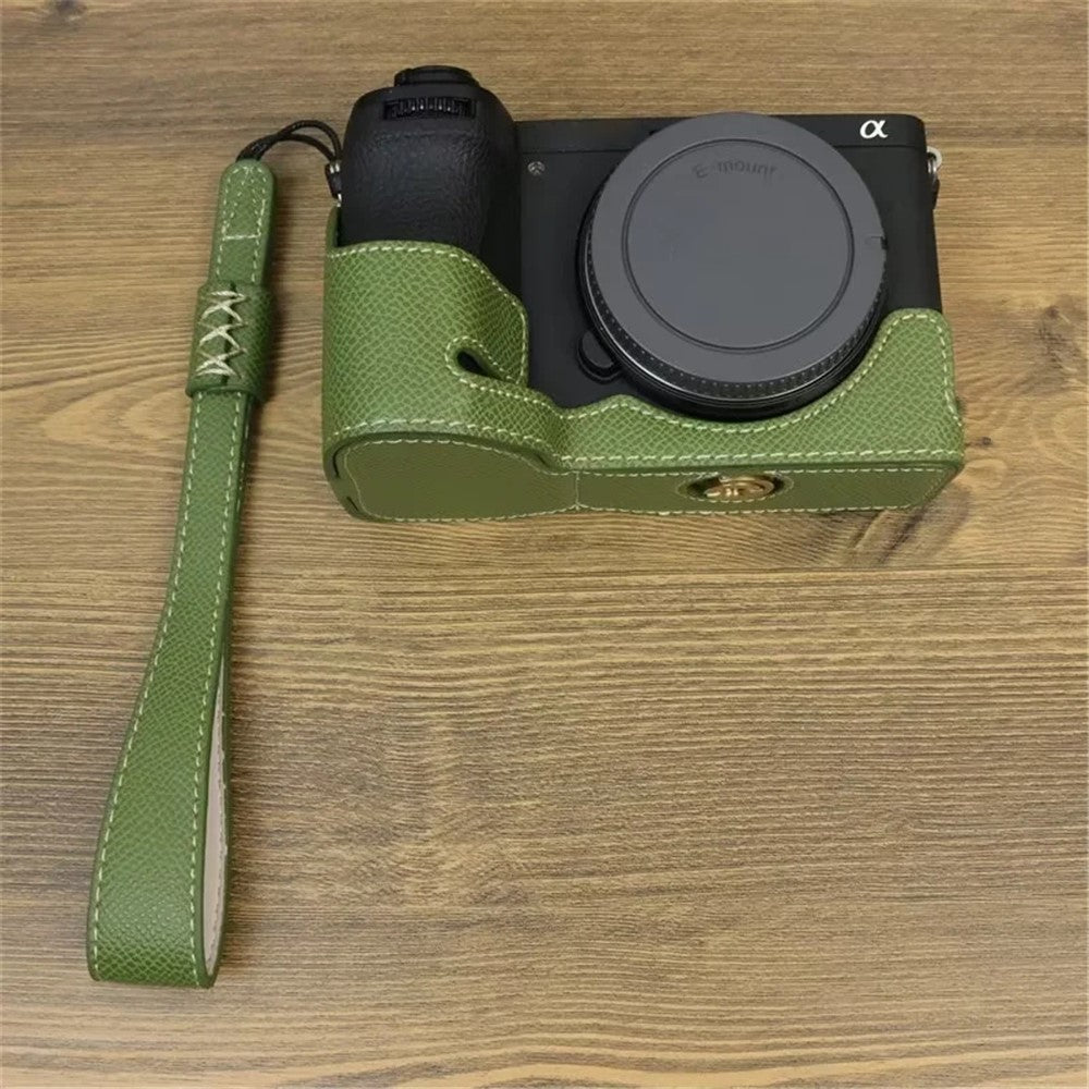 For Sony A6700 Dustproof PU Leather Camera Bottom Cover Half Body Case with Wrist Strap