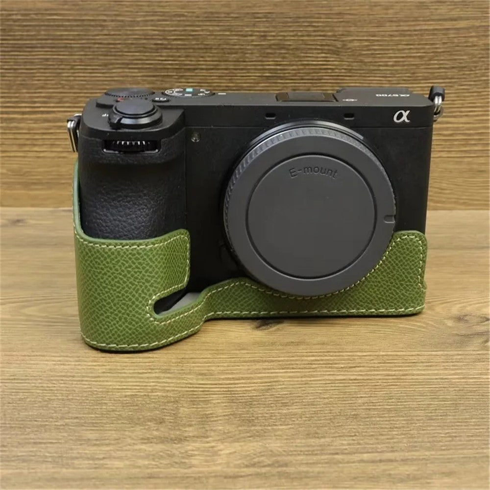 For Sony A6700 Dustproof PU Leather Camera Bottom Cover Half Body Case with Wrist Strap