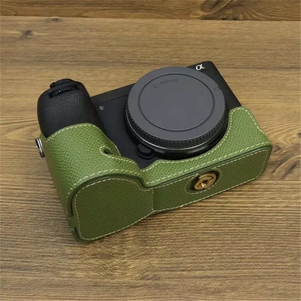 For Sony A6700 Dustproof PU Leather Camera Bottom Cover Half Body Case with Wrist Strap