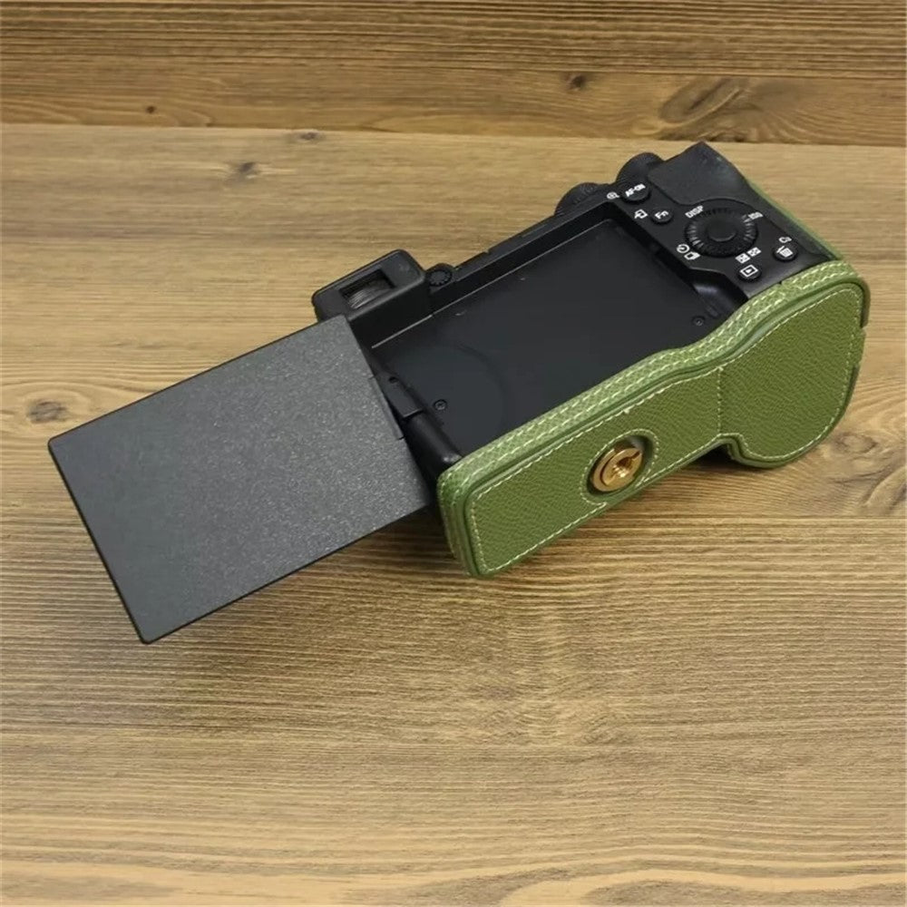 For Sony A6700 Dustproof PU Leather Camera Bottom Cover Half Body Case with Wrist Strap