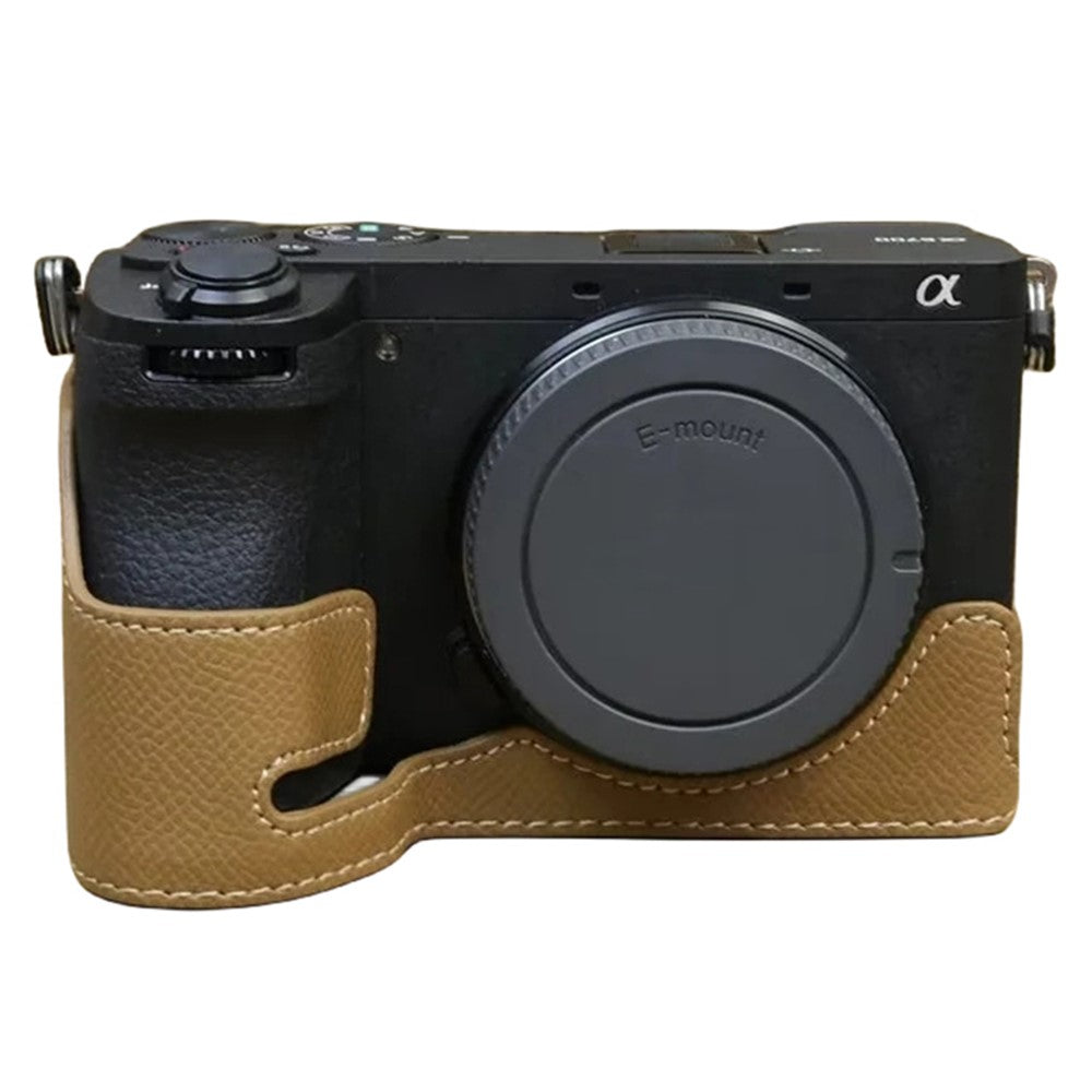 For Sony A6700 Dustproof PU Leather Camera Bottom Cover Half Body Case with Wrist Strap