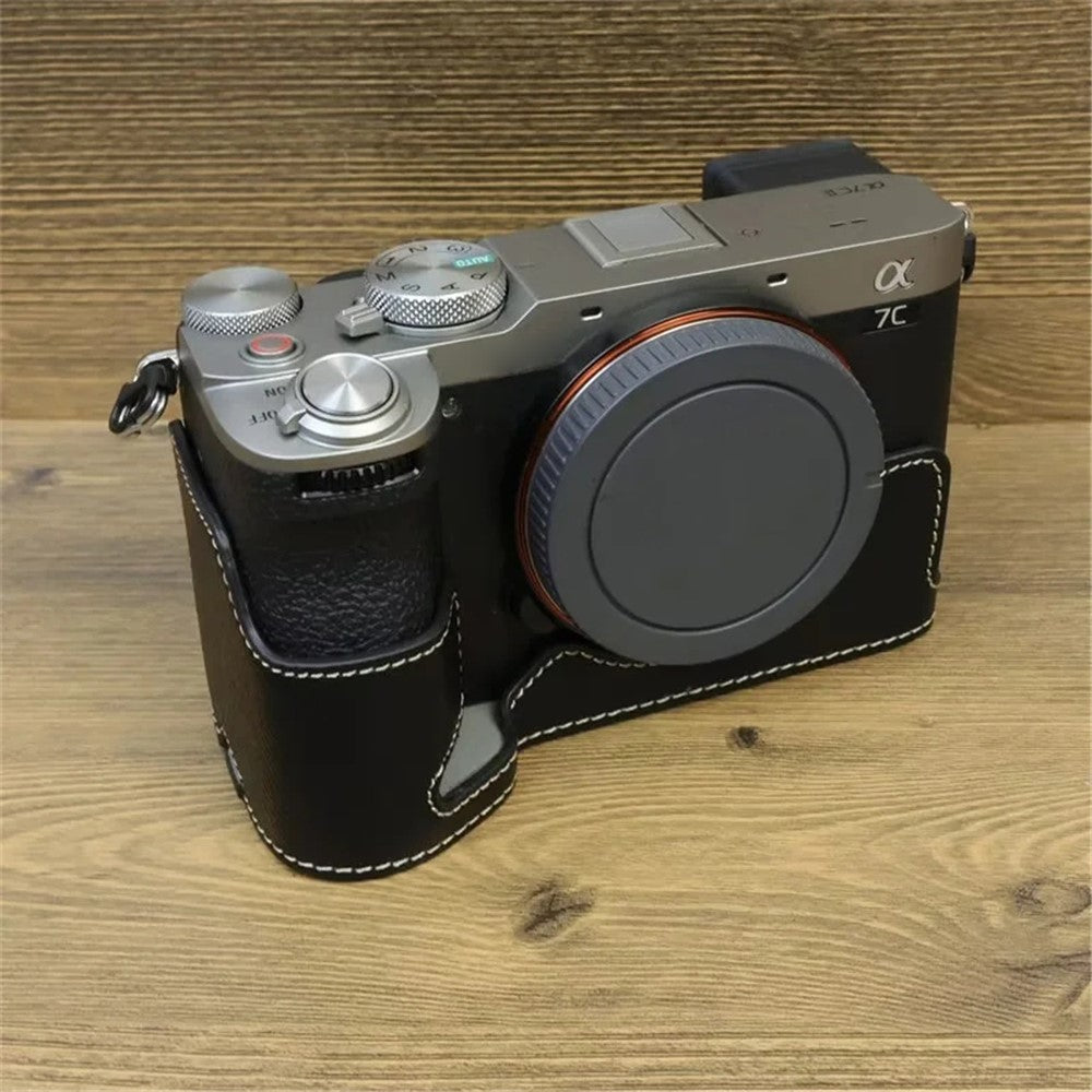 For Sony A7C II / A7CR Camera Bottom Case PU Leather Anti-Drop Half Body Cover with Wrist Strap