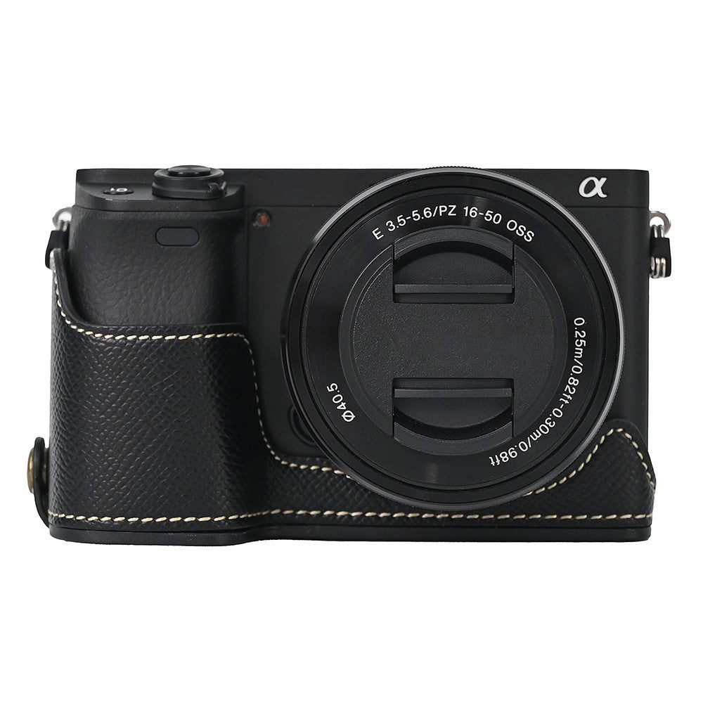 Camera Case for Sony A6400 / A6300 / A6100 / A6000 Battery Opening Design Palm Texture PU Leather Half Body Bottom Case with Wrist Strap