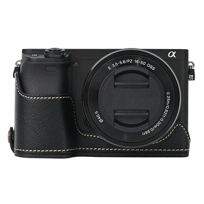 Camera Case for Sony A6400 / A6300 / A6100 / A6000 Battery Opening Design Palm Texture PU Leather Half Body Bottom Case with Wrist Strap