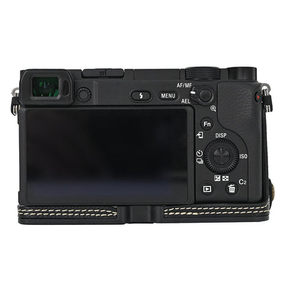 Camera Case for Sony A6400 / A6300 / A6100 / A6000 Battery Opening Design Palm Texture PU Leather Half Body Bottom Case with Wrist Strap