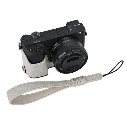Camera Case for Sony A6400 / A6300 / A6100 / A6000 Battery Opening Design Palm Texture PU Leather Half Body Bottom Case with Wrist Strap