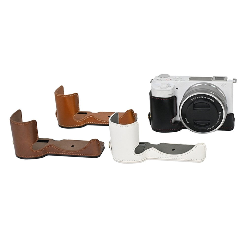 For Sony ZV-E10 Battery Opening Design PU Leather Camera Cover Half Body Bottom Case with Wrist Strap