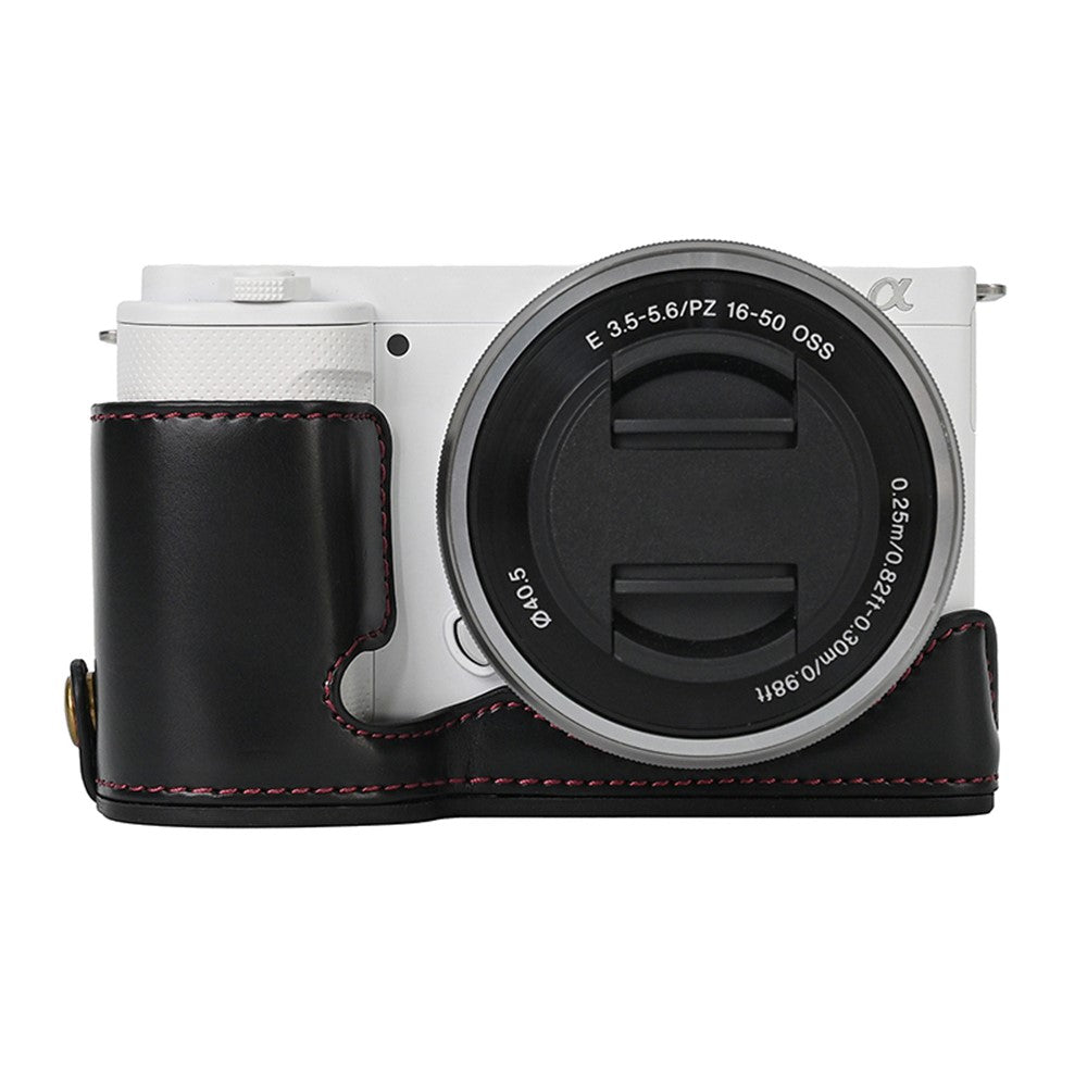 For Sony ZV-E10 Battery Opening Design PU Leather Camera Cover Half Body Bottom Case with Wrist Strap