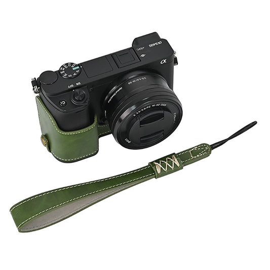 Camera Cover for Sony A6400 / A6300 / A6100 / A6000 Battery Opening Design PU Leather Half Body Bottom Case with Wrist Strap